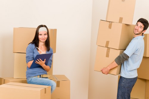 Professional movers carrying furniture near Hounslow flats