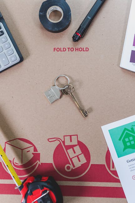 A flat surface shows various moving-related items, including a roll of black tape, a black marker pen, a calculator, and part of a white paper or booklet. In the centre, there is a keyring with a small house-shaped keychain attached, placed on top of a cardboard box with red printed instructions and graphics, including a house icon and moving symbols. The box appears to be part of a packing or furniture transport process, and surrounding items suggest preparation for home relocation or furniture moving. The scene is well-lit, clearly displaying the tools and materials used in packing or loading furniture within a house or moving vehicle, consistent with professional removals services provided by Hounslow Removals.