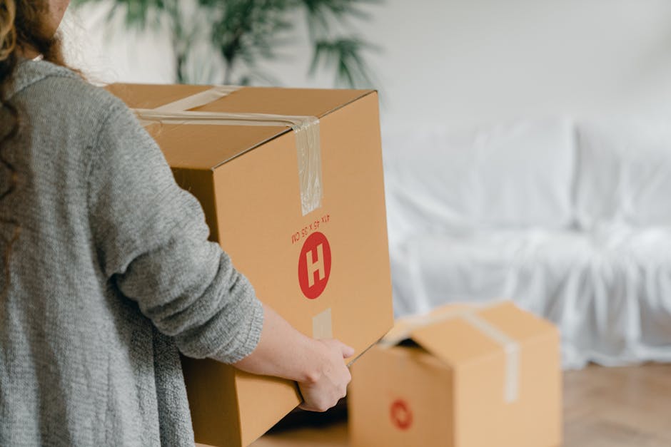 A person wearing a grey knitted sweater is seen holding a large cardboard box with a red H logo, part of a home relocation or furniture transport process inside a residential property. The individual is in the act of sealing the box with clear packing tape, which is visible running across the top and down the sides. Several other cardboard boxes of various sizes are arranged nearby, some stacked and others on the floor, indicating an organized packing and moving setup. The background features a white sofa with soft fabric upholstery, and a potted plant with lush green leaves, suggesting a well-lit, tidy living area. The atmosphere highlights the packing and loading steps typical of professional removals services provided by Hounslow Removals, focusing on the careful handling of household items in preparation for transport. The overall scene captures the detailed process of packing household belongings for a house move, including the materials used such as cardboard boxes and packing tape, within the context of a domestic environment.